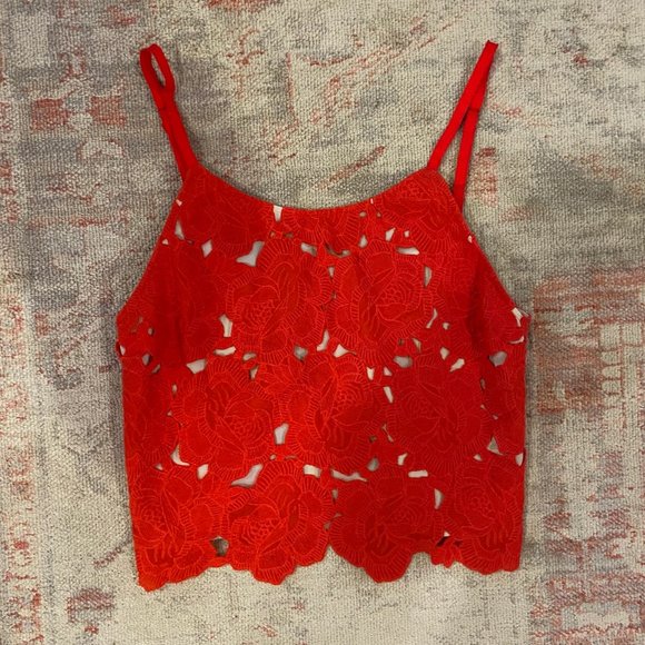 Alice + Olivia Red Lace Detail Alanis Crop Top - Picture 3 of 5